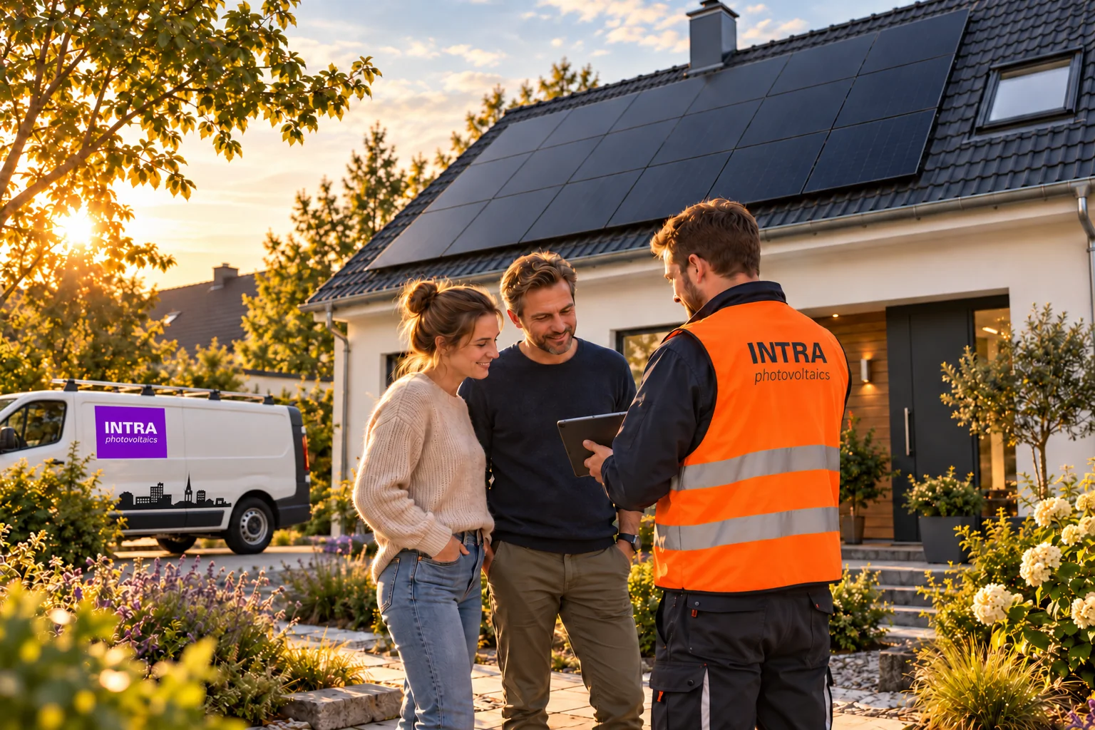 Illustration einer persönlichen Solarberatung vor einem Haus mit Photovoltaikanlage