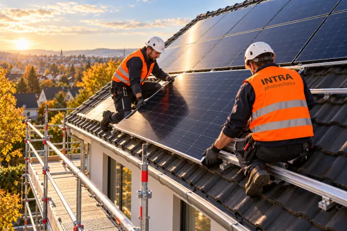 Illustration: Solarmodulmontage durch zwei Monteure im warmen Morgenlicht