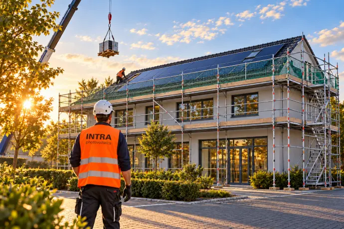 Illustration: Begleitung eines Photovoltaikprojekts mit Gerüst und INTRA-Warnweste